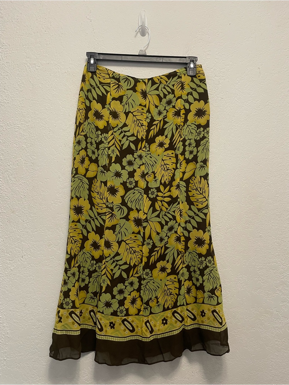 Vintage Jones New York 100% Silk Midi Skirt Green Yellow Leaf Print Size 8 Y2K